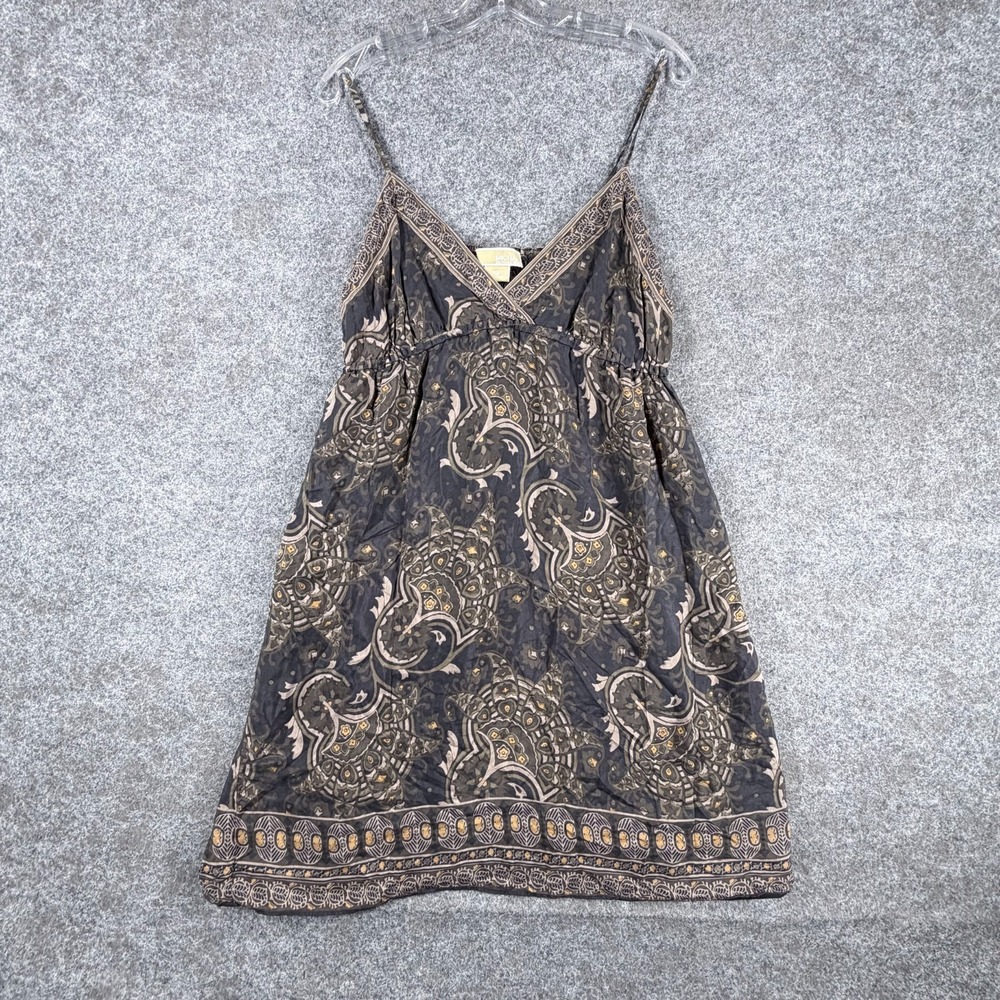 Michael Kors Cami Dress Womens 12 Black Gray‎ Paisley Smocked Spaghetti Strap